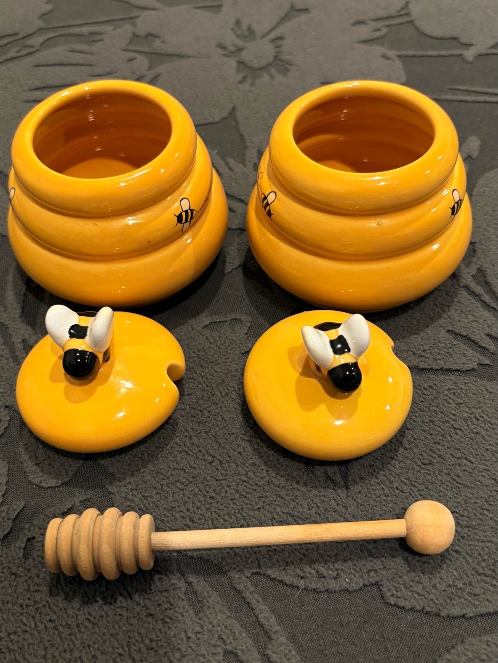 Yellow Ceramic Honey Pot Set with Bee-Top Lids and Wooden Dipper